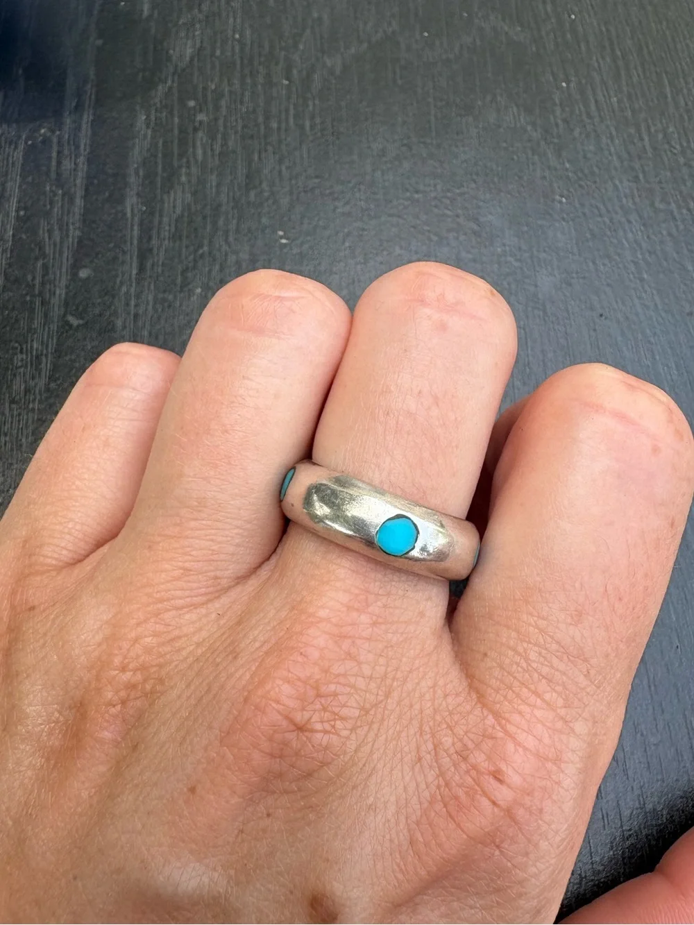 Mexico Sterling Silver Ring with Turquoise Inlay - Size 7.75